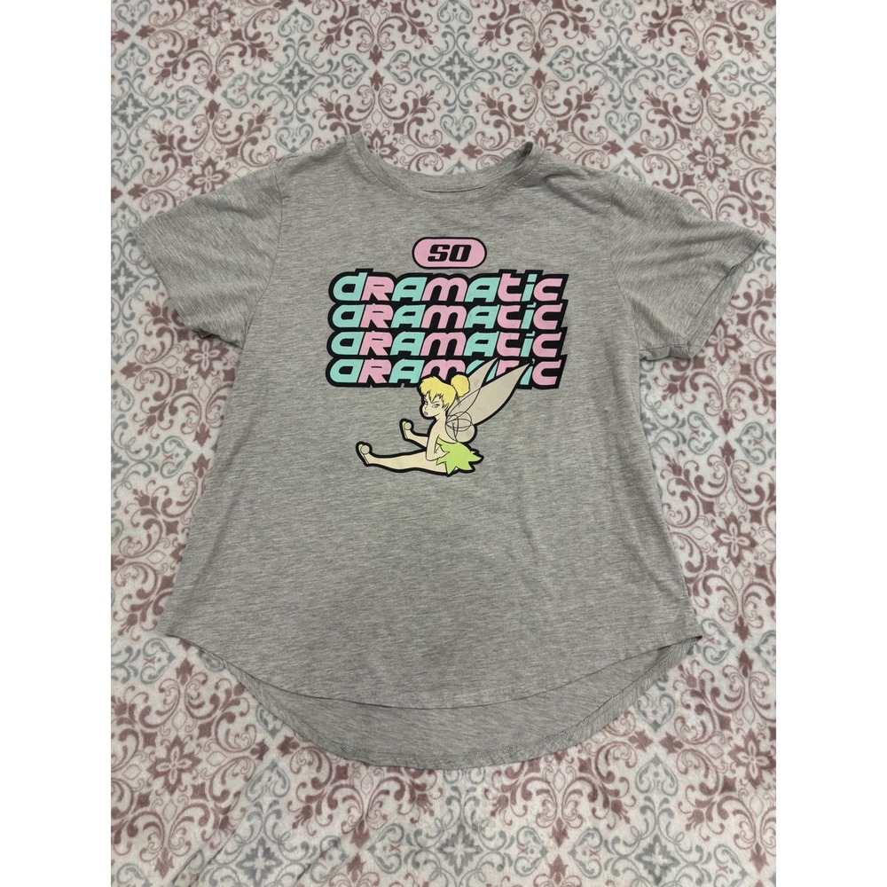 Disney Tinker Bell So Dramatic Graphic Tee Gray Short Sleeve Shirt Curved Hem